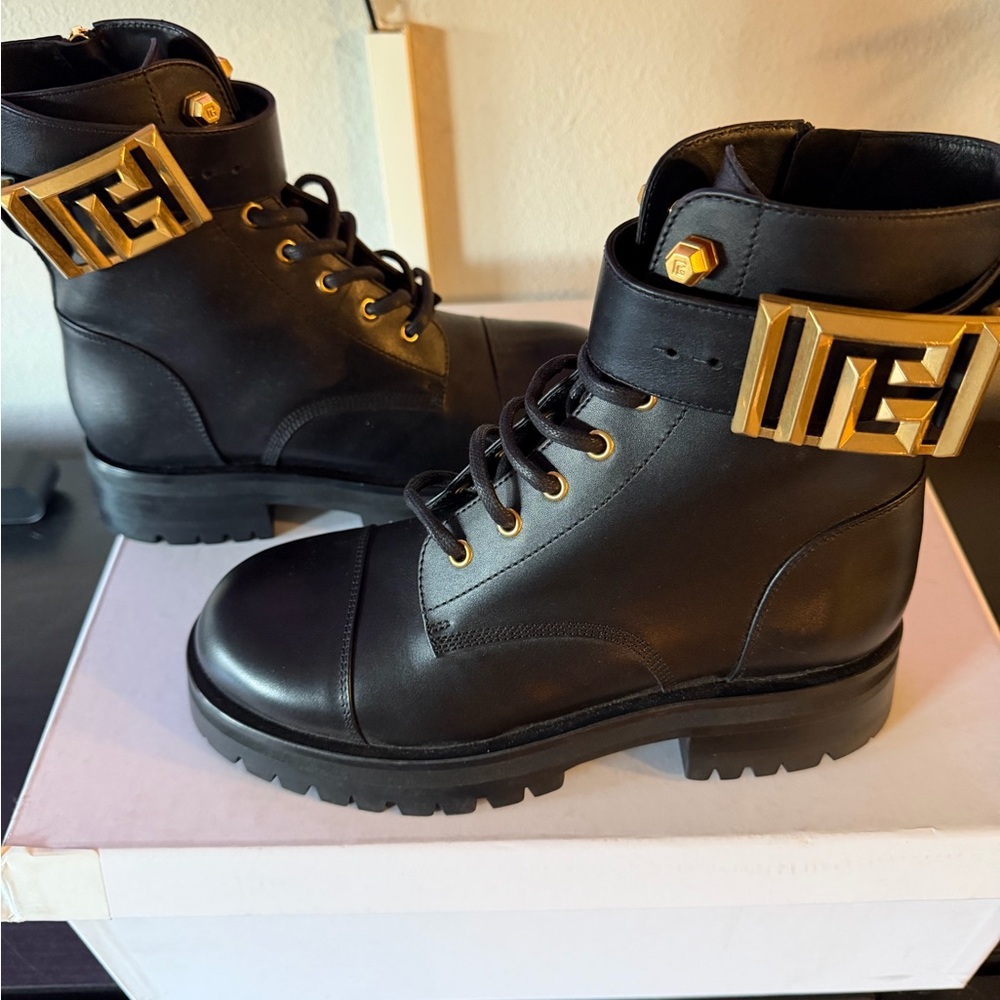 Balmain Black Charlie Combat Boots with Gold Accents - Picture 6 of 7